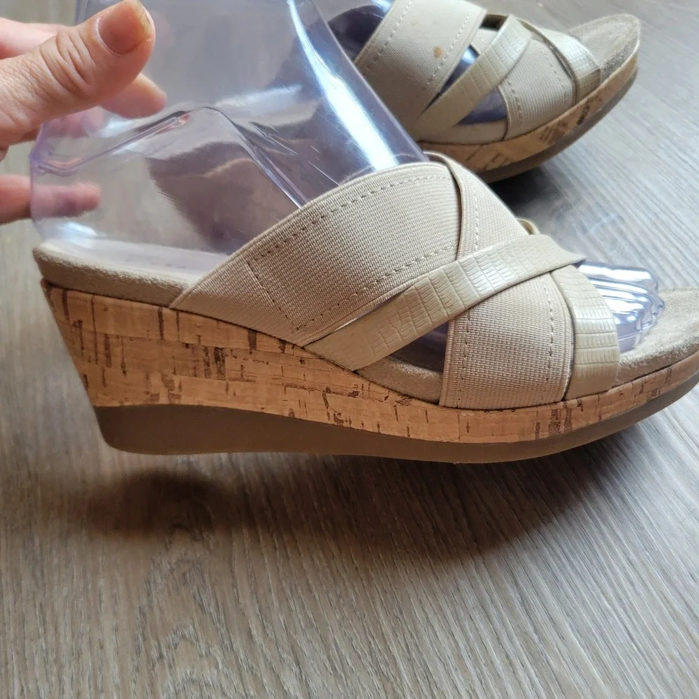 Wear Ever Womens Wedge Sandals 6M Beige Elastic Cork Boho Summer Slides